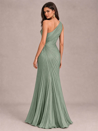 One Shoulder Ruched Chiffon Mermaid Pleated Wedding Guest Dress with Split Side