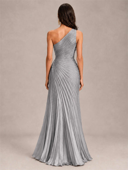 One Shoulder Ruched Chiffon Mermaid Pleated Wedding Guest Dress with Split Side