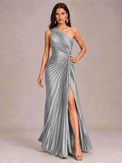 One Shoulder Ruched Chiffon Mermaid Pleated Wedding Guest Dress with Split Side