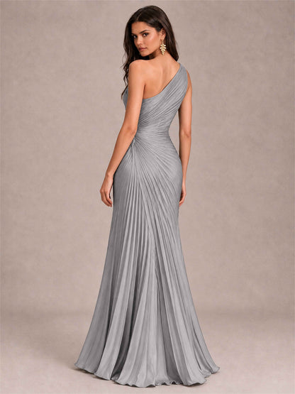 One Shoulder Ruched Chiffon Mermaid Pleated Wedding Guest Dress with Split Side