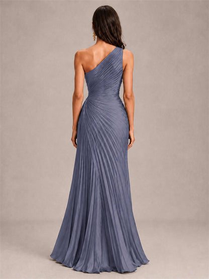 One Shoulder Ruched Chiffon Mermaid Pleated Wedding Guest Dress with Split Side