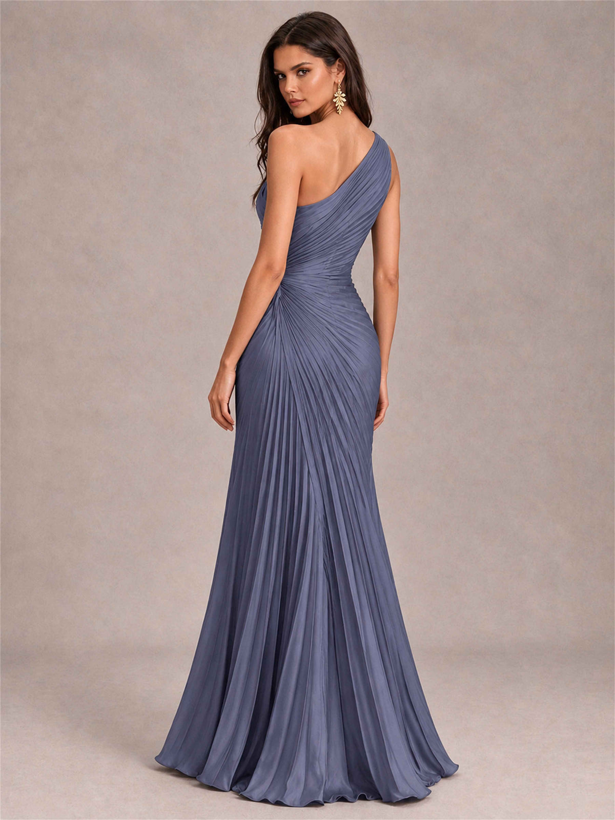 One Shoulder Ruched Chiffon Mermaid Pleated Wedding Guest Dress with Split Side