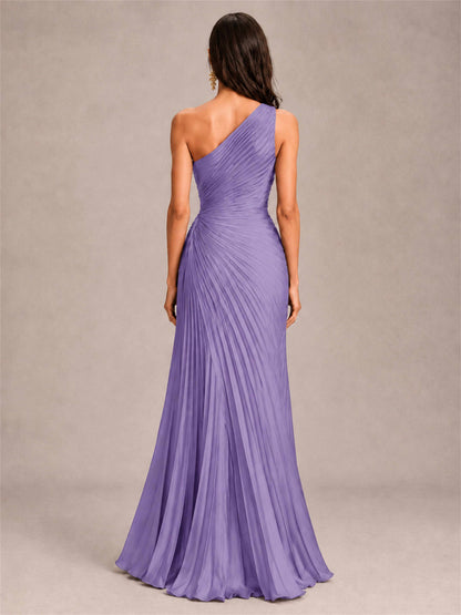 One Shoulder Ruched Chiffon Mermaid Pleated Wedding Guest Dress with Split Side