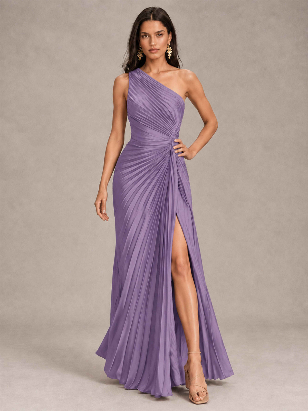 One Shoulder Ruched Chiffon Mermaid Pleated Wedding Guest Dress with Split Side