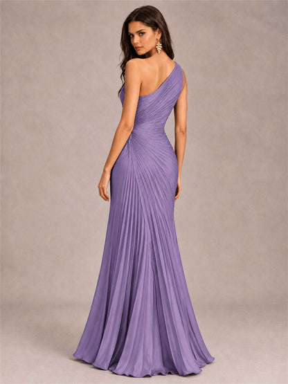One Shoulder Ruched Chiffon Mermaid Pleated Wedding Guest Dress with Split Side