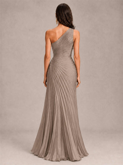 One Shoulder Ruched Chiffon Mermaid Pleated Wedding Guest Dress with Split Side