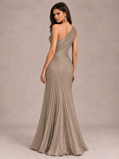 One Shoulder Ruched Chiffon Mermaid Pleated Wedding Guest Dress with Split Side