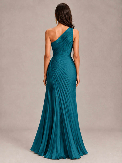 One Shoulder Ruched Chiffon Mermaid Pleated Wedding Guest Dress with Split Side
