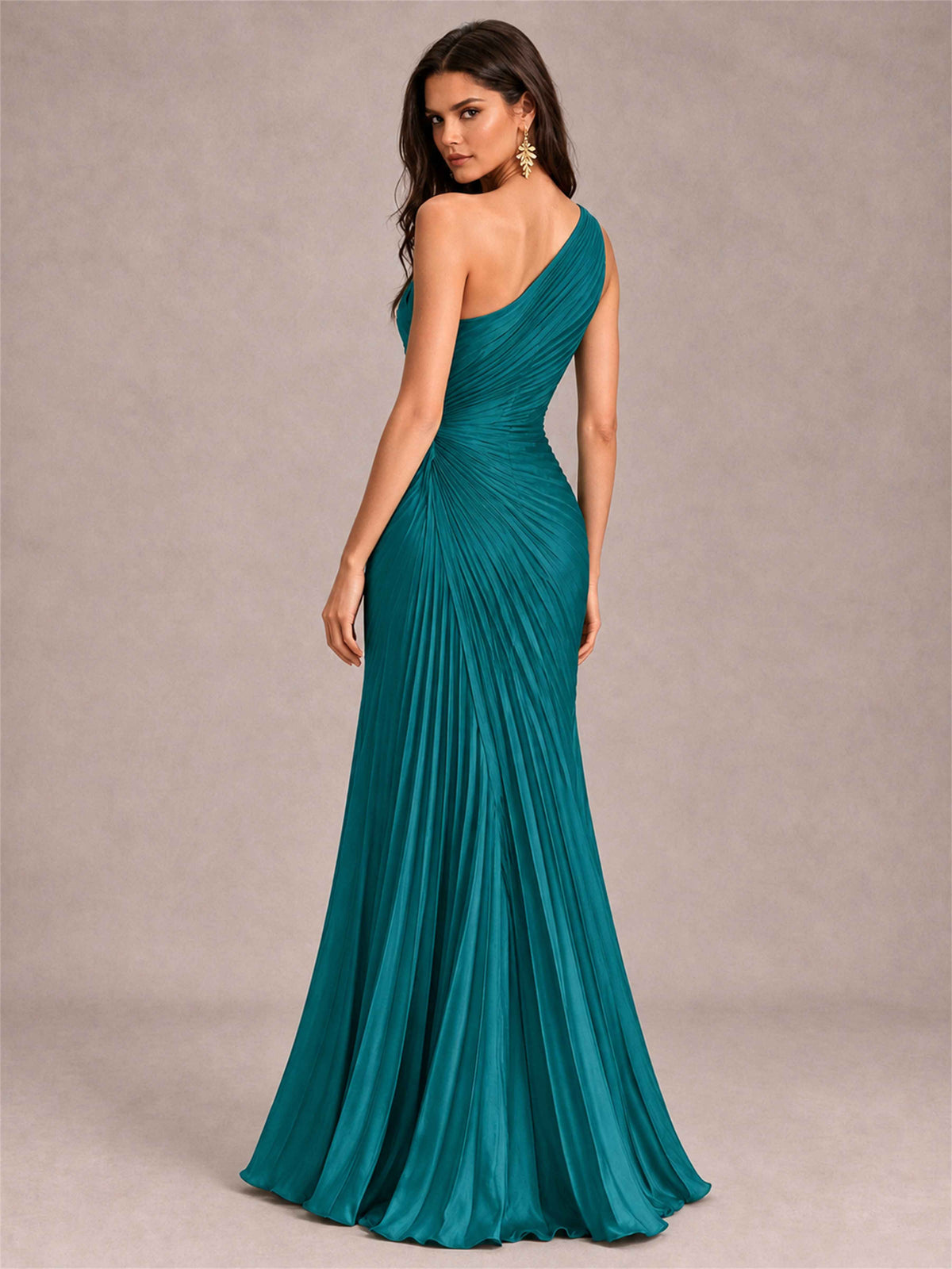 One Shoulder Ruched Chiffon Mermaid Pleated Wedding Guest Dress with Split Side