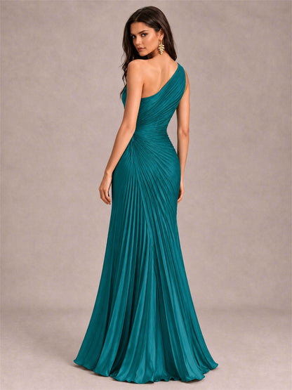 One Shoulder Ruched Chiffon Mermaid Pleated Wedding Guest Dress with Split Side