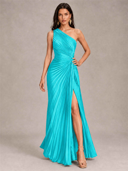 One Shoulder Ruched Chiffon Mermaid Pleated Wedding Guest Dress with Split Side