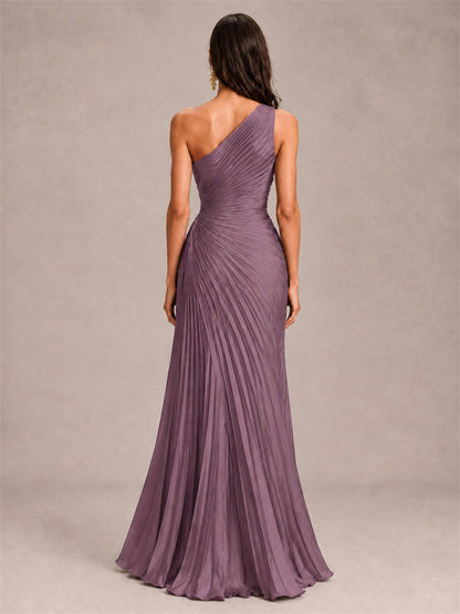 One Shoulder Ruched Chiffon Mermaid Pleated Wedding Guest Dress with Split Side