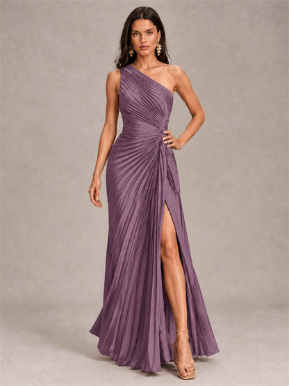 One Shoulder Ruched Chiffon Mermaid Pleated Wedding Guest Dress with Split Side