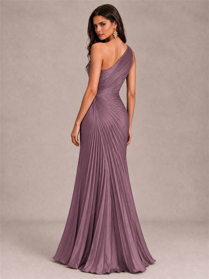 One Shoulder Ruched Chiffon Mermaid Pleated Wedding Guest Dress with Split Side