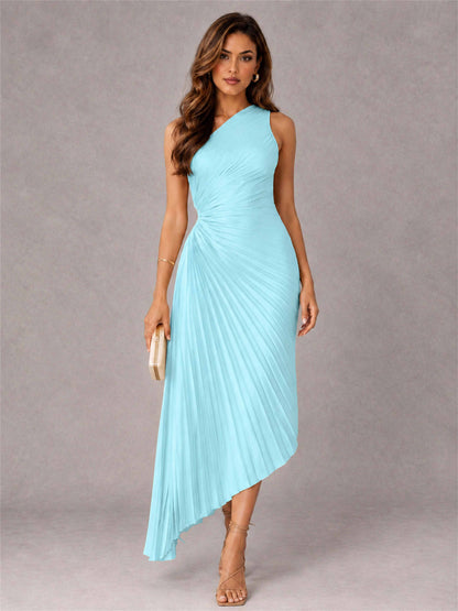 One Shoulder Ruched Satin Pleated Sleeveless Wedding Guest Dress