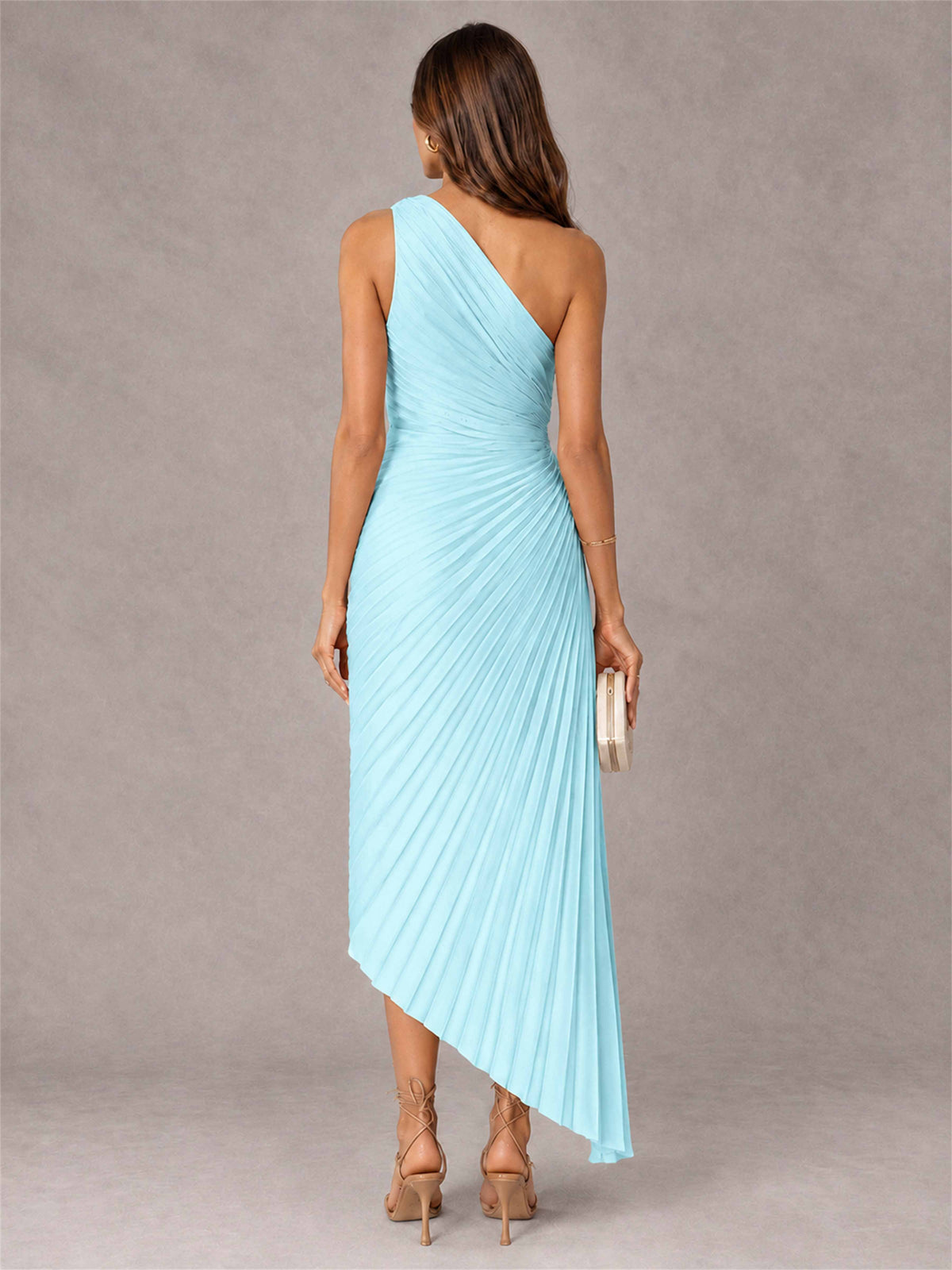 One Shoulder Ruched Satin Pleated Sleeveless Wedding Guest Dress