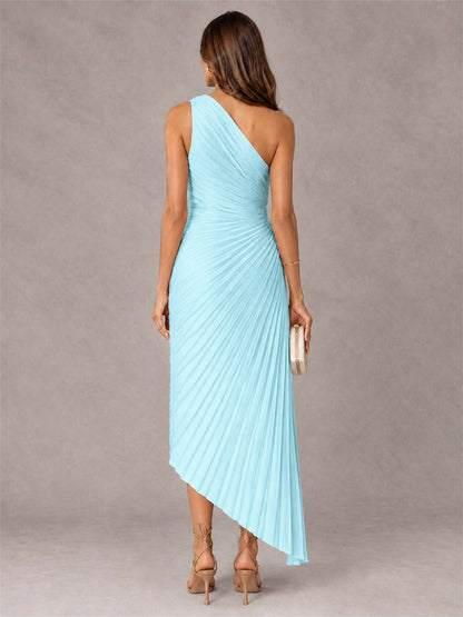One Shoulder Ruched Satin Pleated Sleeveless Wedding Guest Dress