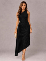 One Shoulder Ruched Satin Pleated Sleeveless Wedding Guest Dress