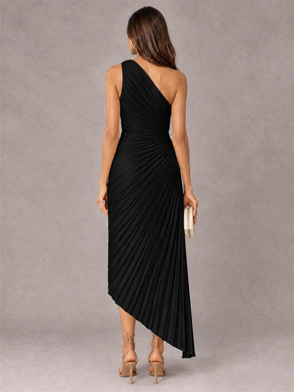 One Shoulder Ruched Satin Pleated Sleeveless Wedding Guest Dress