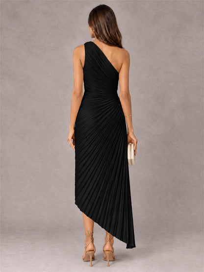 One Shoulder Ruched Satin Pleated Sleeveless Wedding Guest Dress