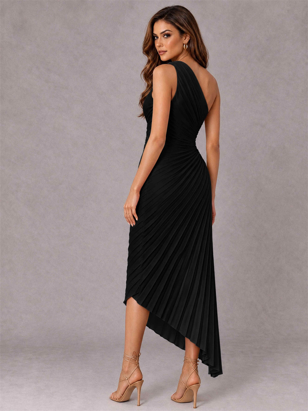 One Shoulder Ruched Satin Pleated Sleeveless Wedding Guest Dress