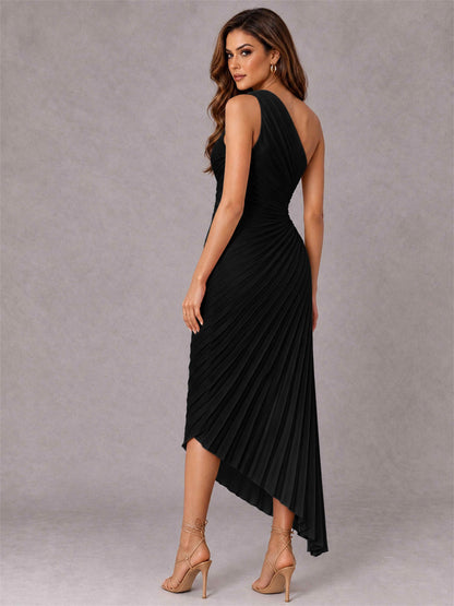 One Shoulder Ruched Satin Pleated Sleeveless Wedding Guest Dress
