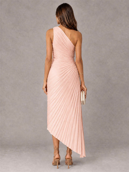 One Shoulder Ruched Satin Pleated Sleeveless Wedding Guest Dress