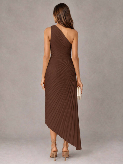 One Shoulder Ruched Satin Pleated Sleeveless Wedding Guest Dress