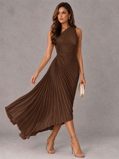 One Shoulder Ruched Satin Pleated Sleeveless Wedding Guest Dress