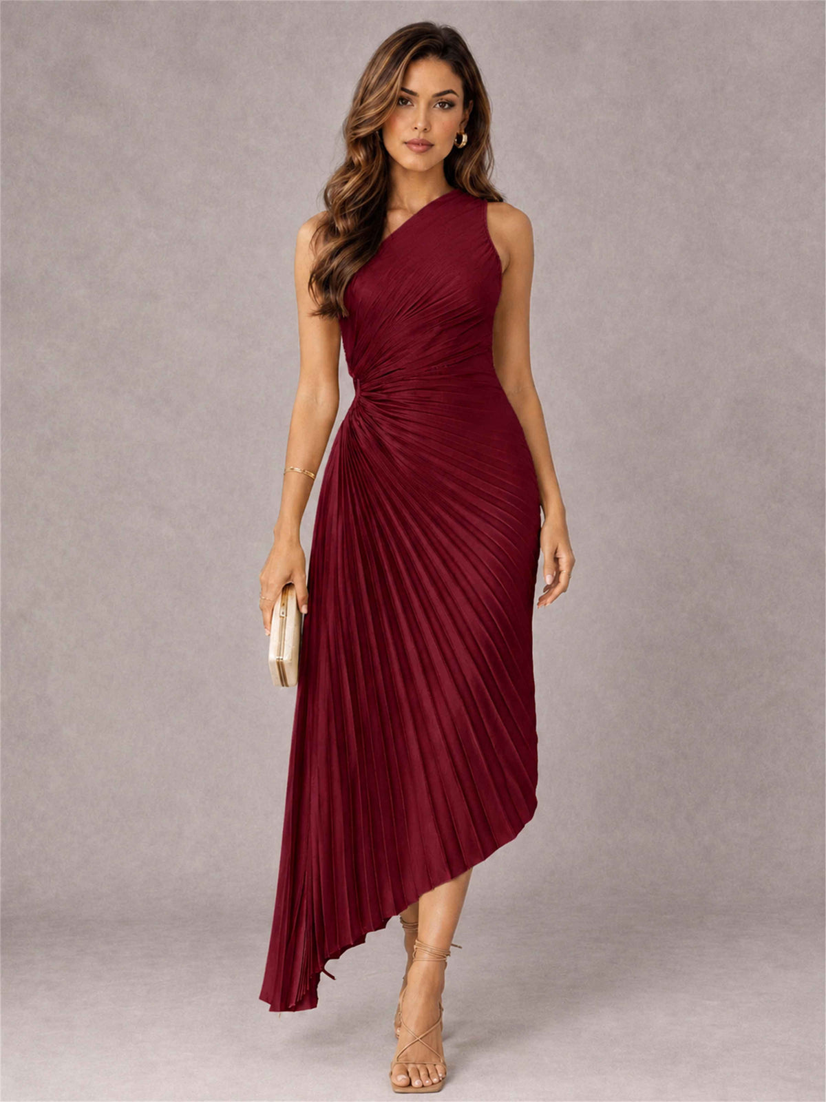 One Shoulder Ruched Satin Pleated Sleeveless Wedding Guest Dress