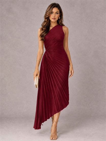 One Shoulder Ruched Satin Pleated Sleeveless Wedding Guest Dress