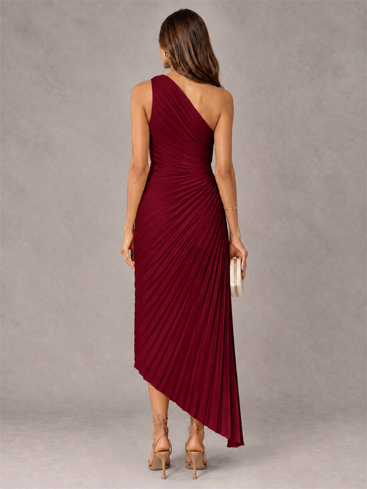 One Shoulder Ruched Satin Pleated Sleeveless Wedding Guest Dress