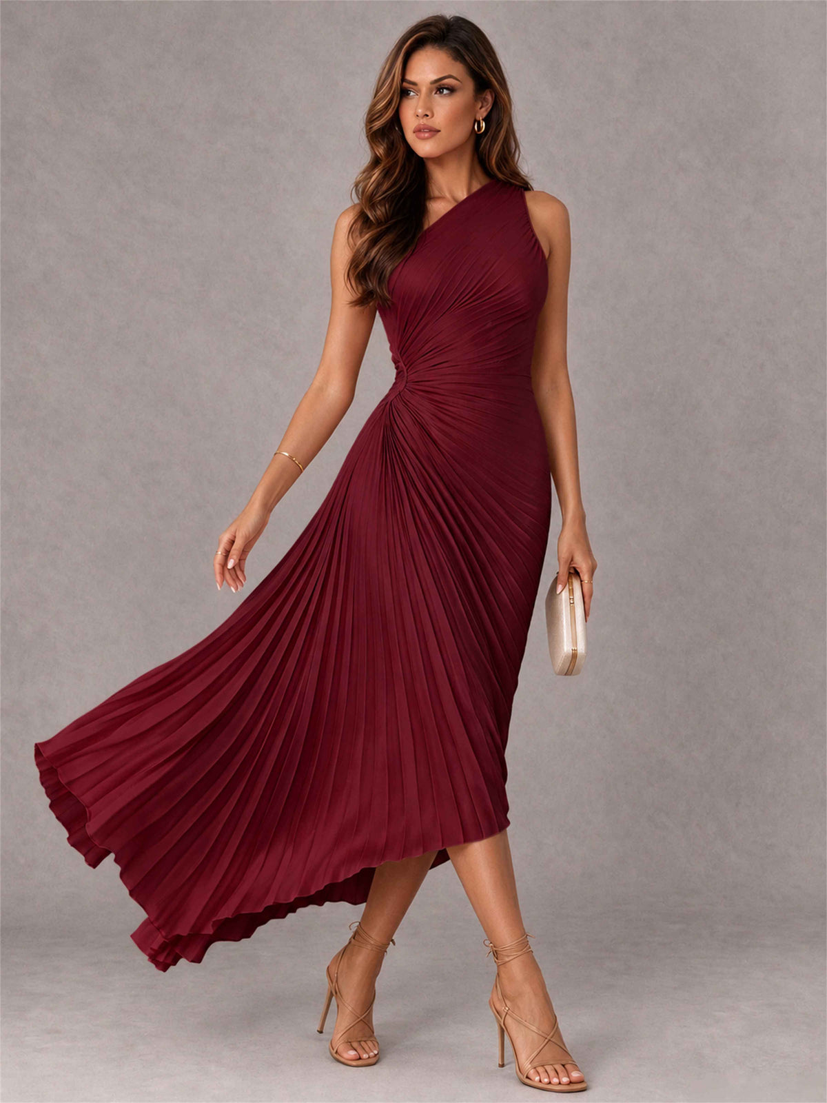 One Shoulder Ruched Satin Pleated Sleeveless Wedding Guest Dress
