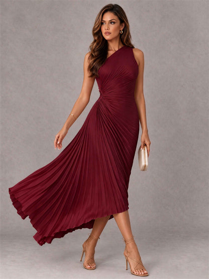 One Shoulder Ruched Satin Pleated Sleeveless Wedding Guest Dress