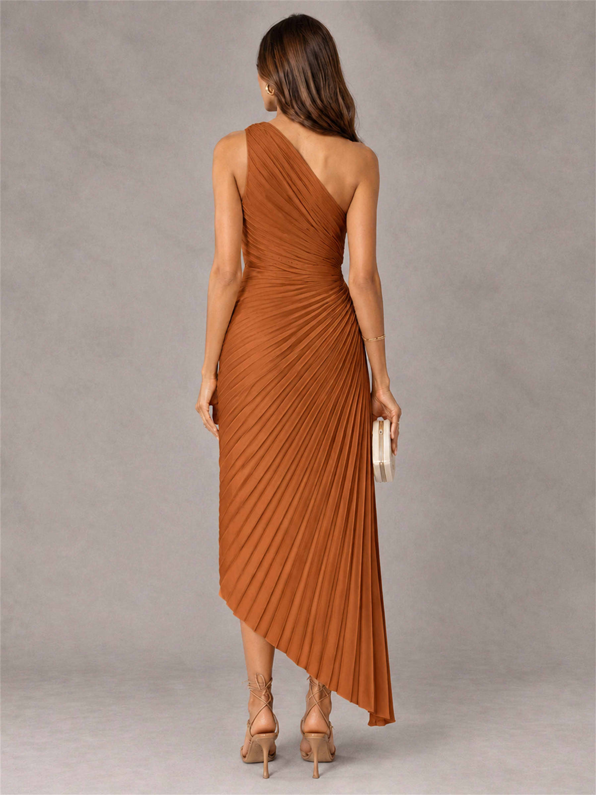 One Shoulder Ruched Satin Pleated Sleeveless Wedding Guest Dress