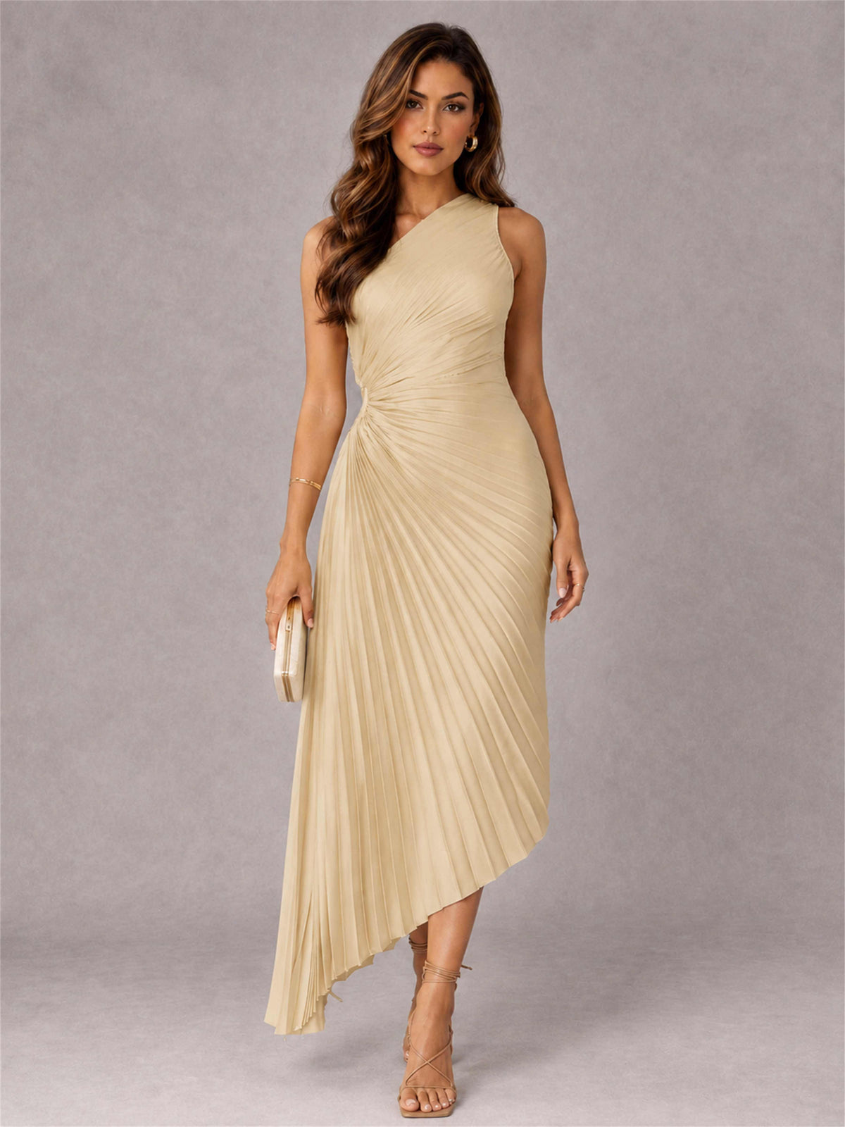 One Shoulder Ruched Satin Pleated Sleeveless Wedding Guest Dress
