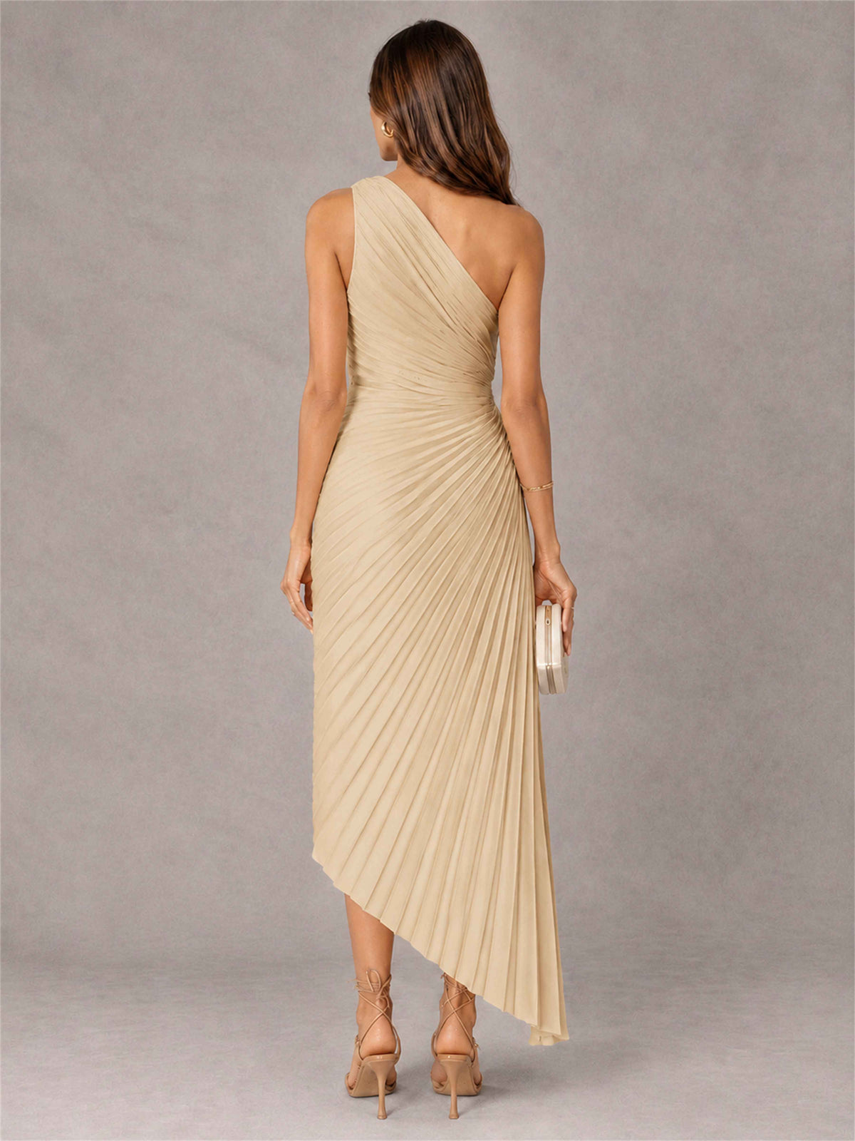One Shoulder Ruched Satin Pleated Sleeveless Wedding Guest Dress