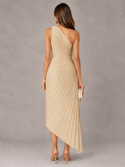 One Shoulder Ruched Satin Pleated Sleeveless Wedding Guest Dress