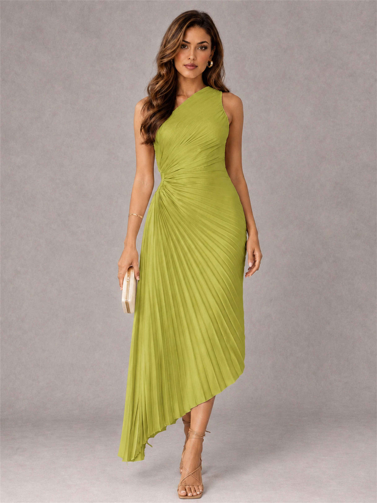 One Shoulder Ruched Satin Pleated Sleeveless Wedding Guest Dress