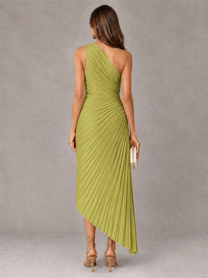 One Shoulder Ruched Satin Pleated Sleeveless Wedding Guest Dress