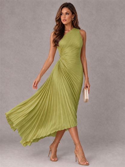 One Shoulder Ruched Satin Pleated Sleeveless Wedding Guest Dress