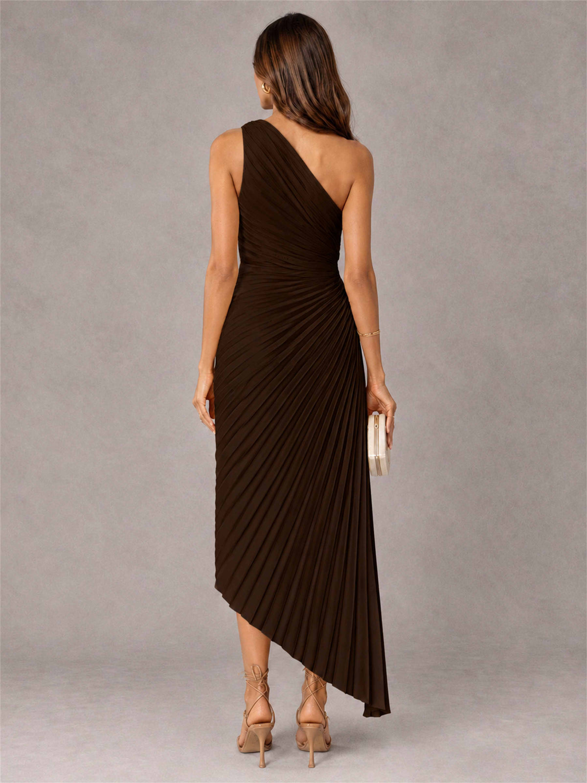 One Shoulder Ruched Satin Pleated Sleeveless Wedding Guest Dress