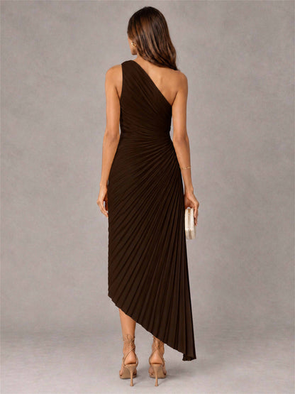 One Shoulder Ruched Satin Pleated Sleeveless Wedding Guest Dress
