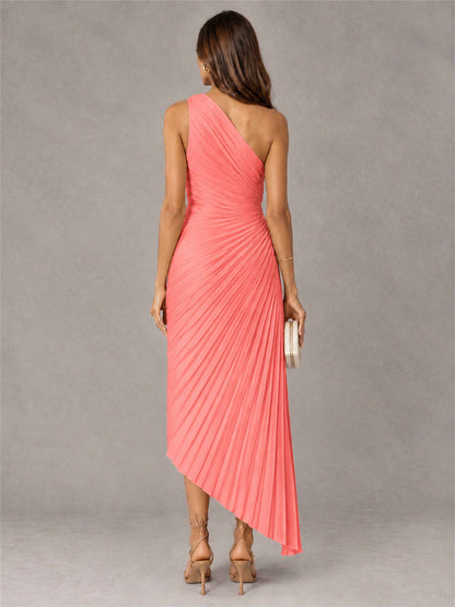 One Shoulder Ruched Satin Pleated Sleeveless Wedding Guest Dress