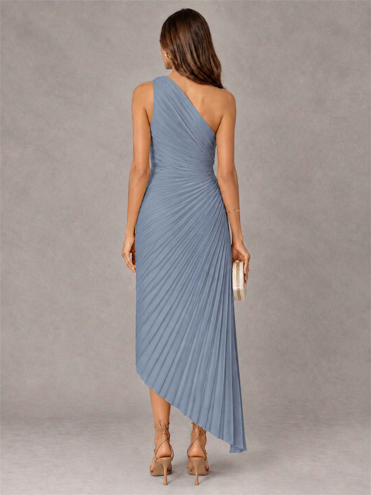 One Shoulder Ruched Satin Pleated Sleeveless Wedding Guest Dress