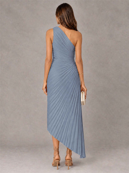One Shoulder Ruched Satin Pleated Sleeveless Wedding Guest Dress