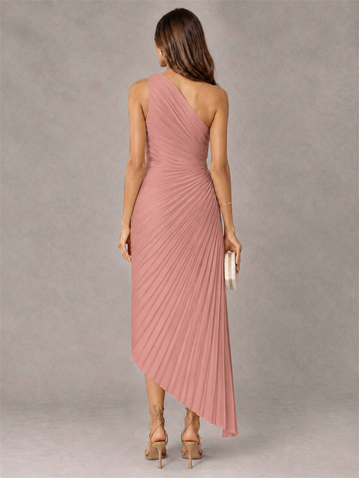 One Shoulder Ruched Satin Pleated Sleeveless Wedding Guest Dress