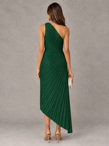 One Shoulder Ruched Satin Pleated Sleeveless Wedding Guest Dress