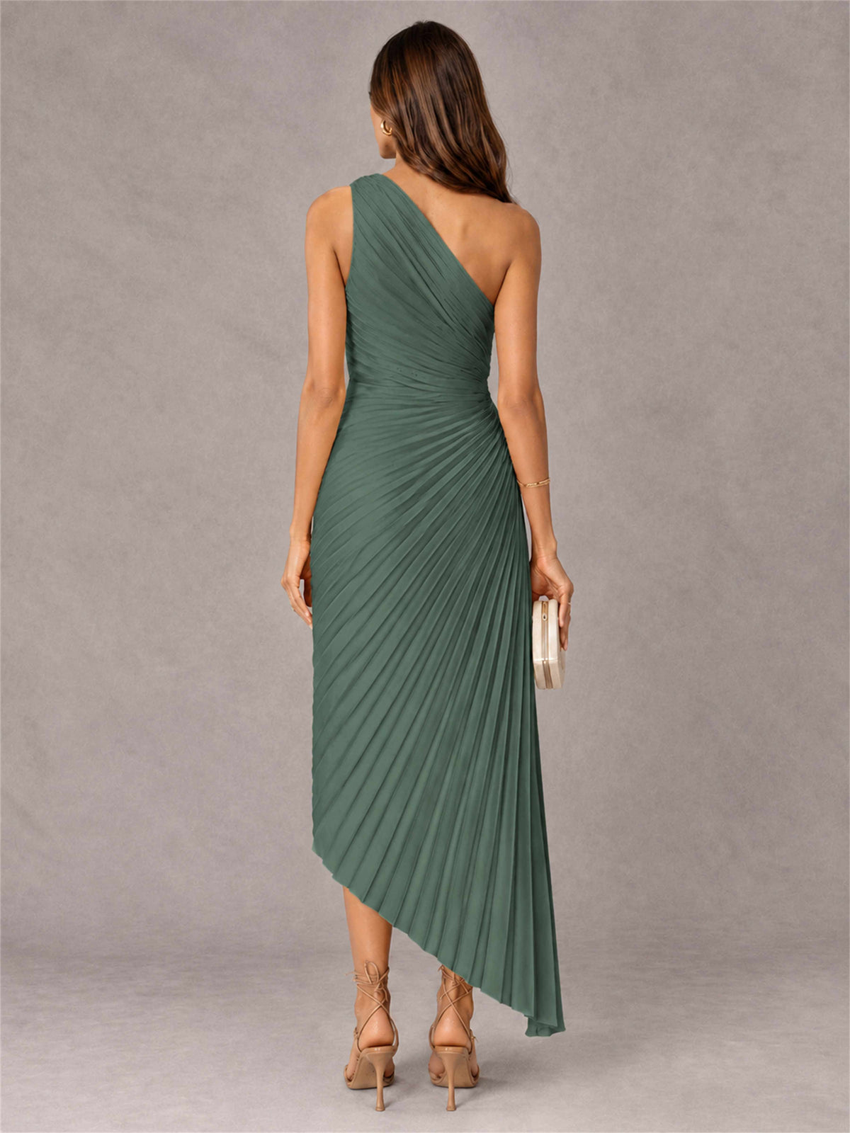 One Shoulder Ruched Satin Pleated Sleeveless Wedding Guest Dress