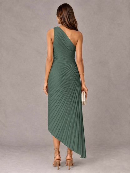 One Shoulder Ruched Satin Pleated Sleeveless Wedding Guest Dress